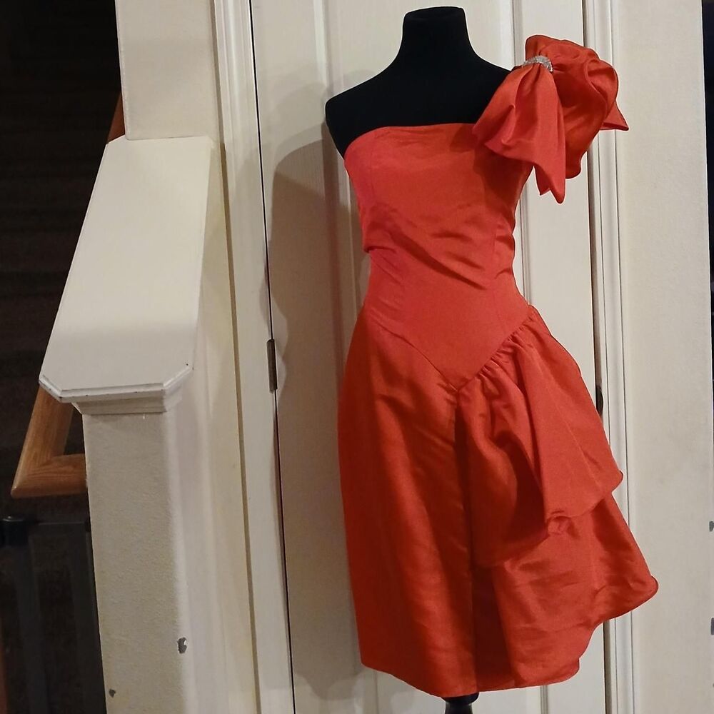 VTG 80s Red One Shoulder Sequin Bow Satin Asymmetrical Tier Dress USA Union Made
